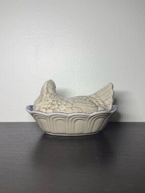 Vintage 1970s Hen On Nest Blue Splatter China Signed